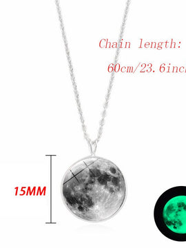 Glow In The Dark Moon Necklace 14mm Galaxy Planet Glass Cabochon Pendant Necklace Silver Chain Luminous