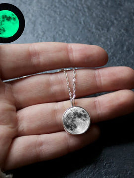 Glow In The Dark Moon Necklace 14mm Galaxy Planet Glass Cabochon Pendant Necklace Silver Chain Luminous